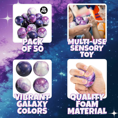 Pack 50 Galaxy Stress Balls for Kids - of Bulk - Squeeze Anxiety Fidget Sensory Balls for Children with Outer Space