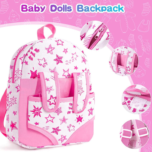 BDDOLL 12" Backpack, 3 Baby Doll in Gift Box with Pink Cloths, Feeding Bottle and Pacifier, First Baby Dolls