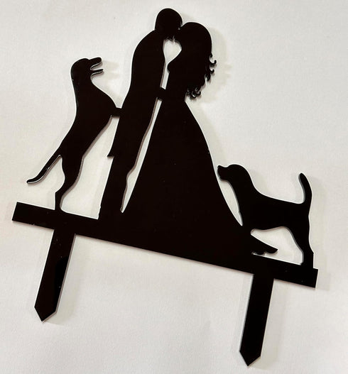 Wedding Anniversary Cake Topper Decoration, Couple Silhouette Bride Groom with 2 Dogs (Black)