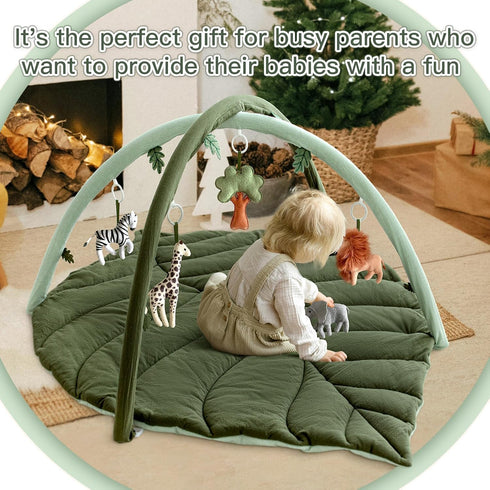 5 Tummy Baby Play Gym with Mat Leaf Shaped, Baby Play Mat with Hanging Toys Time Mat, Baby Gym Activity Center