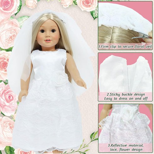 18 Inch Set, 18 Inch Doll Clothes Accessories Wedding Bride Wedding Dress and Groom Suit Outfit, Veil, Bow Tie