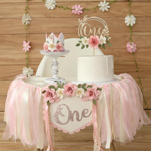 1st Wildflower High Chair Banner Birthday Decorations For Girl Pink Flower Cake Topper Hat Floral Theme Party
