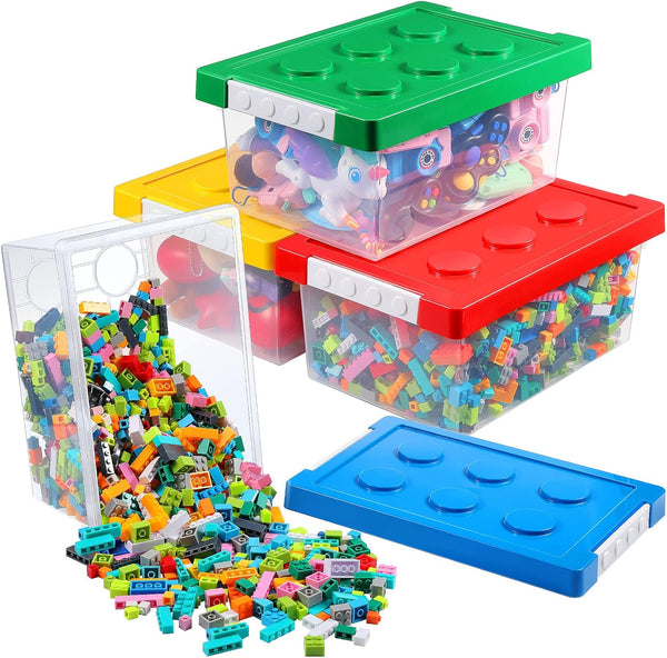 Vicenpal 4 Pack Toy Storage Containers with Lids, Brick Shaped Kids Toy Organizer Box for Building Blocks