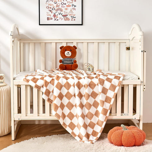 Checkered Baby Blanket, Fleece Baby Blankets, 30''x40'', Khaki, for Boys Girls