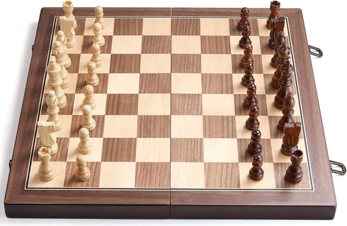 15'' Set Package, Set AMEROUS Magnetic Wooden Chess for Adults Kids - with Folding Board, Gift Pieces Storage Slots