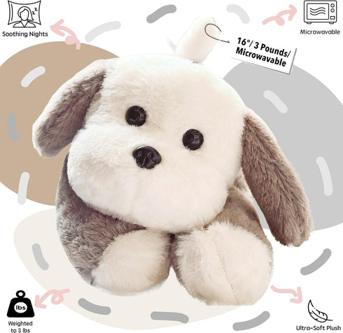 uoozii 16" 3 | Pounds Grey Dog Weighted Stuffed Animals with Unscented Microwavable Heating Pad, Cute Coolable Heatable