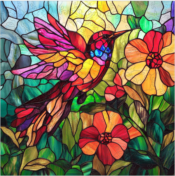 Mocfesk Stained Glass Hummingbird Wooden Puzzles, Colorful Bird & Floral Wooden Jigsaw