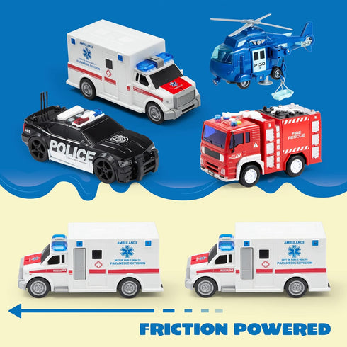 JOYIN 4 Packs Emergency Vehicle Toy Playsets, Friction Powered Vehicles with Light and Sound, Including Fire Truck,