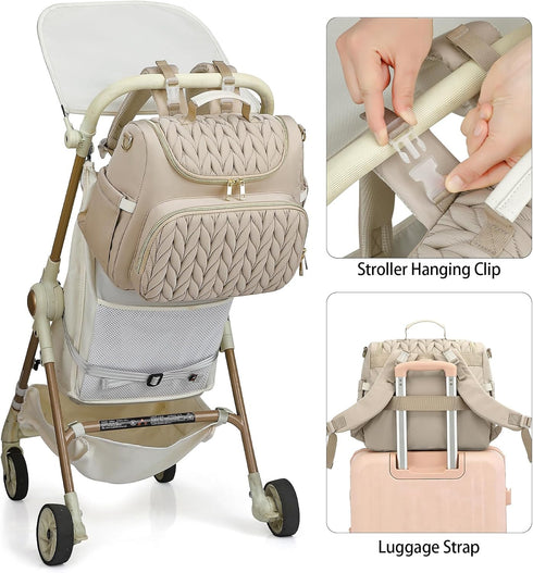 Bevkois Backpack Small Diaper Bag Quilted Mini Baby Crossbody Diaper Bag Tote for Mom and Baby Girls Boys (Beige)