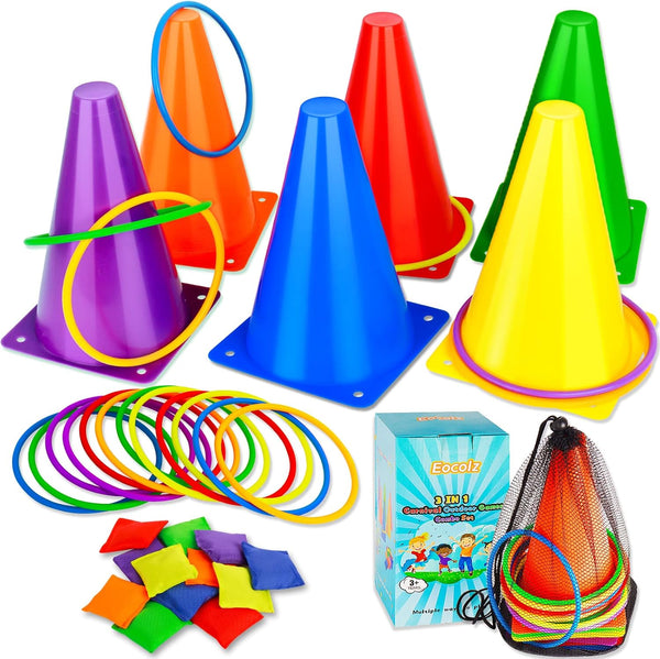 Eocolz 3 in 1 Carnival Games Set - Soft Plastic Cones, Bean Bags, Ring Toss Games for Kids Birthday Party Supplies
