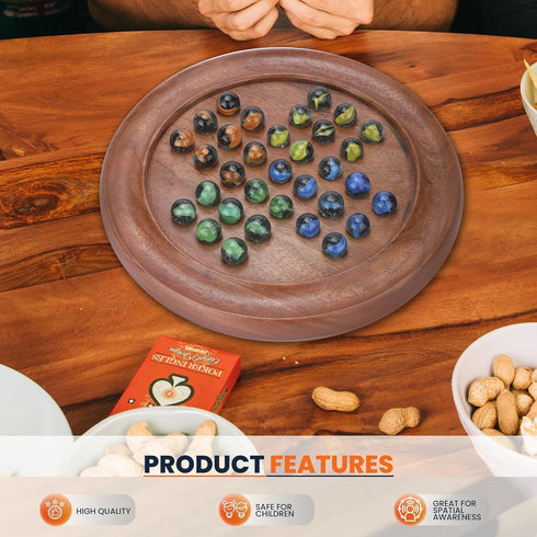 33 7 12x12 Inch Ajuny Wooden Solitaire Board Game Handcrafted Round Peg Puzzle with Marbles + Extra, Strategy Game