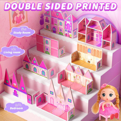 Set 3-5 4-8, Magnetic Tiles Doll House Building Toys with Double Sided Printed Design, Play House Magnetic Blocks