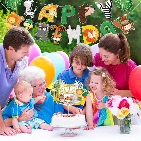 Clabby 2 Pieces Happy Birthday Banner Cupcake Topper Safari Animals Jungle Theme Party Supplies Baby Shower Decorations
