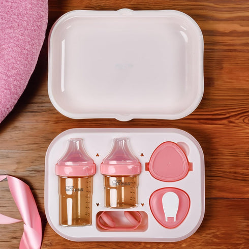 Childlike Behavior Anti Colic Baby Bottles Gift Box Set, 5oz & 8oz Bottles, Detachable Handles, Pink