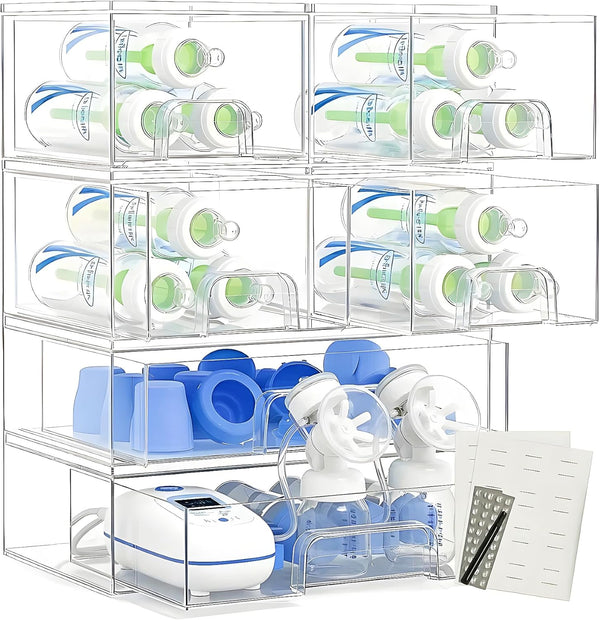 Farazza Clear Baby Bottle Organizer For Cabinet, Storage Bins with Pull-Out Drawers, 6-Pack