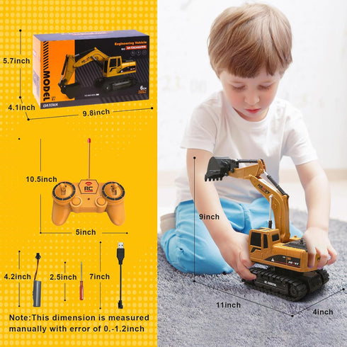 Construction Excavator Toy - Remote Control Hydraulic Digger Truck for Kids 6-9 Years Old