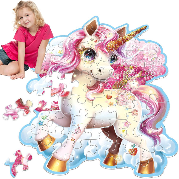 45pcs Shimmery Unicorn Shaped Jumbo Jigsaw Floor Puzzles for Kids Ages 3-5, Birthday Gift (28'' x 33'')