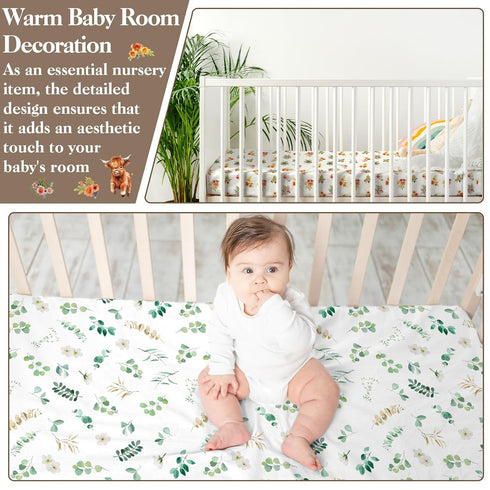 Croknit 4 Pack 52" 28" x Changing Pad Cover for Boys Girls Highland Cow Eucalyptus Leaf Floral Pattern Neutral Nursery