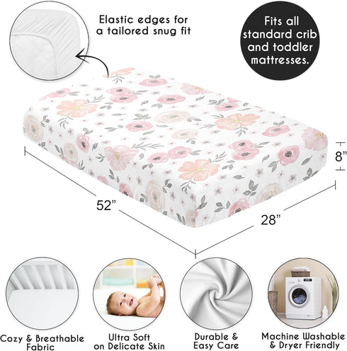 Sweet Jojo Designs Fitted Baby Crib Sheets (Pink/Grey Boho Floral) for Girls, Standard Size