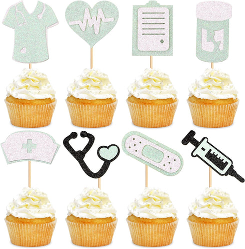 24Pcs Glitter Green Nurse Cupcake Toppers Nurse Tools Cupcake Picks for Nursing