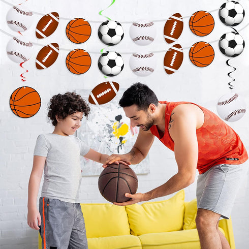 18 Pieces Sports Party Decorations, Sports Themed Birthday Supplies with 2 Banners and 16 Hanging Swirl Paper Garland