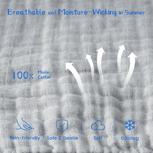 PHF 100% Muslin Cotton Baby Sleep Sacks, 0-6 Months with 2-Way Zipper, 2 Pack Cooling Unisex 0.5 TOG, White & Grey