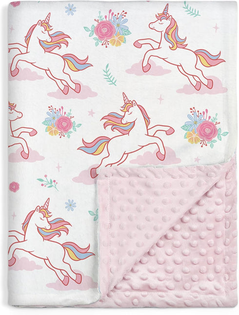 SANDJEST Unicorn Baby Blanket, 30 x 40, Kids Throw Minky Blanket with Double Layer Dotted Backing, Birthday Gift