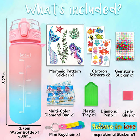 Decorate Your Own Water Bottle Kits for Girls Age 4-10, Mermaid Gem Diamond Painting Crafts, Fun Gifts