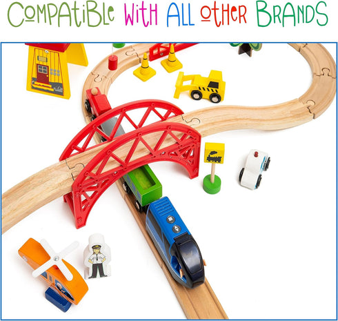 Battery Operated Action Locomotive Toy Train Set for Wooden Tracks, Compatible with Thomas & Brio for Toddlers 3-5+