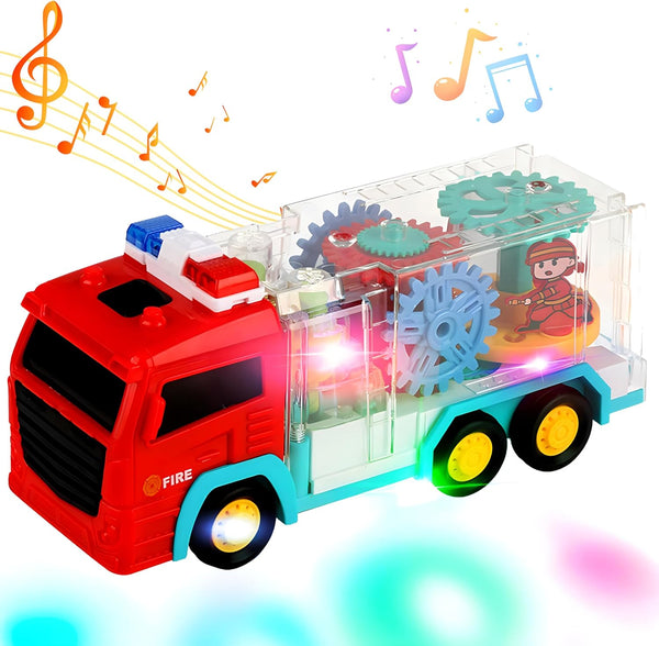 Light Up Sensory Car Toy for Kids, Transparent Gear Fire Truck with Colorful Moving Gears, Music and Lights