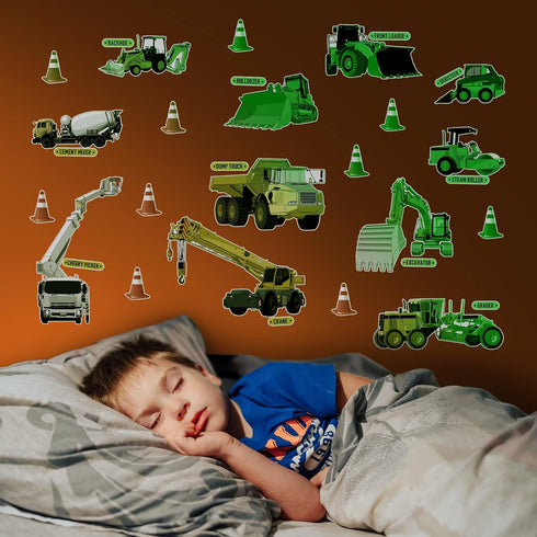 Glow in The Dark Construction Wall Stickers – 10 Large Bright Decals for Bedroom Walls & Ceilings – Best for Bedtime