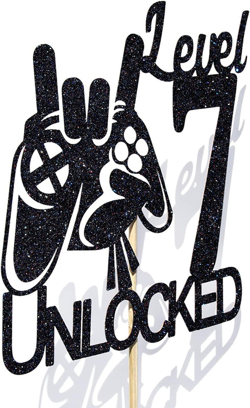 Video Game Level 7 Unlocked Birthday Cake Topper, Black Glitter, Boys 7th Birthday Cake Decorations