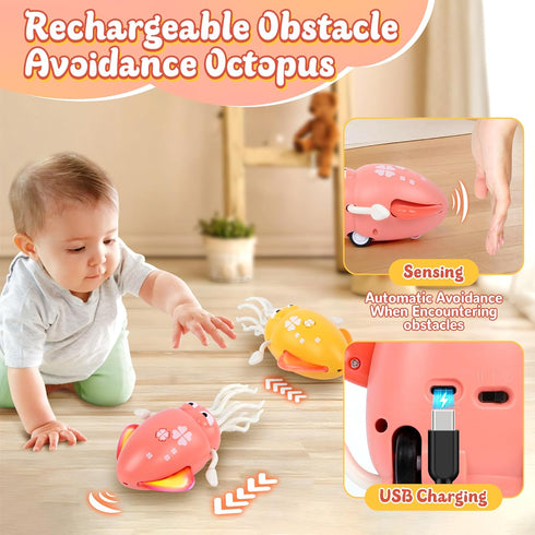 Sachie Dancing Octopus Baby Toy Electric Crawling Octopus with Music & Lights, Rechargeable Sensory Toy for Infants