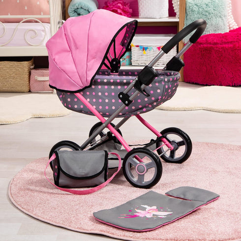 18 Bayer Doll Pram Carriage, Foldable Stroller for Dolls up to in with Blanket, Pillow & Handbag