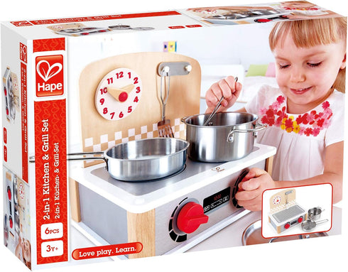 Hape 2-in-1 Kitchen & Grill Set Multicolor, Dimensions: L: 11.8, W: 9.1, H: 10.1 inch, Count of 6