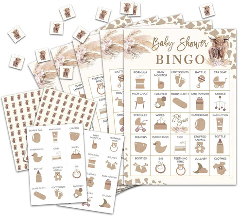Baby Shower Bingo Card Game - Cow Baby Shower Bingo for Girls, Party Supplies, 24 Players, Gender Reveal
