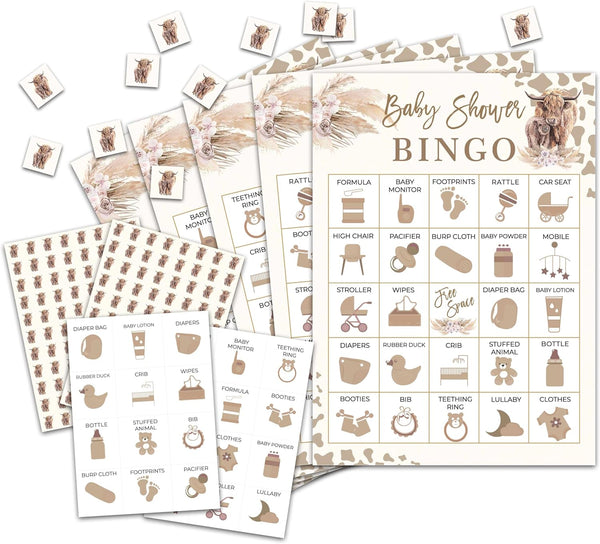 Baby Shower Bingo Card Game - Cow Baby Shower Bingo for Girls, Party Supplies, 24 Players, Gender Reveal