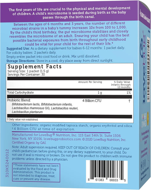 Lovebug Award Winning USDA Organic Probiotic for Babies | Multi-Strain 4 Billion CFU | Easy-to-Take Powder | 60 Packets