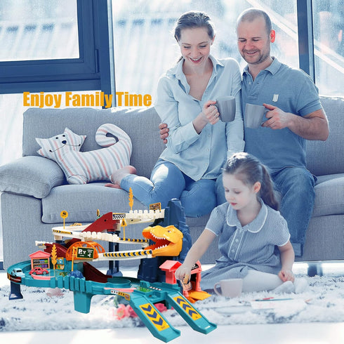 Toy Car Ramp Track Dinosaur Climbing Hills Play Set with 12 Mini Racer Cars and Track for Preschool Kids Ages 3+