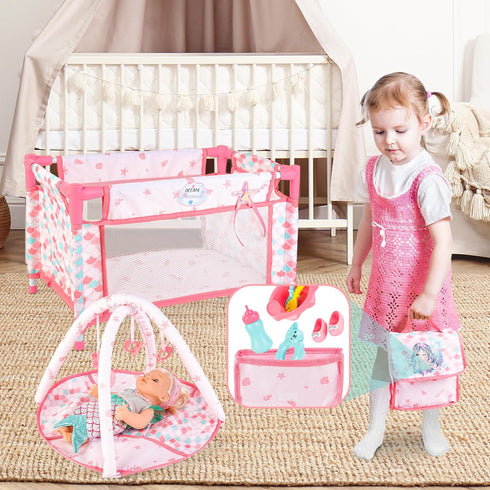 deAO Baby Doll Stroller Crib Bed Nursery Role Play Set, Baby Doll Accessories with Travel Cot and Foldable Stroller