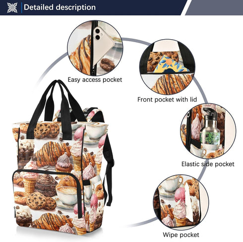 SUABO Backpack Bread Ice Cream Pattern Baby Diaper Bag Large Bag Waterproof Travel Diaper Bags for Moms and Dads