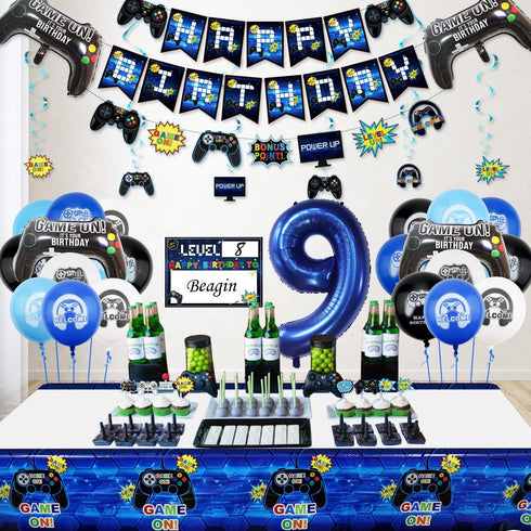 Video Game Party Decorations: 9th Birthday for Boys, HAPPY BIRTHDAY Banner, Gaming Hanging Swirls