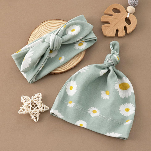 Set 47x47 inches, BabyWhale Muslin Swaddle Blanket with Hat and Headband Bow, Daisy Pattern Swaddle for Baby Boys