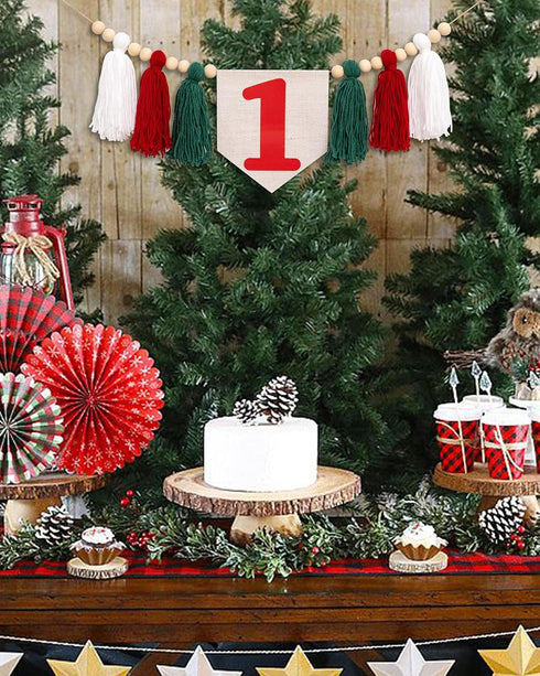 1st Christmas First Birthday High Chair Banner - Oh What Fun it is to be One Highchair Banner, Red and Green Birthday