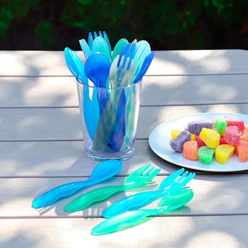 Youngever 18 Pcs Plastic Toddler Utensils, Large Size Kids Forks and Spoons, Set of 9 in Coastal Colors