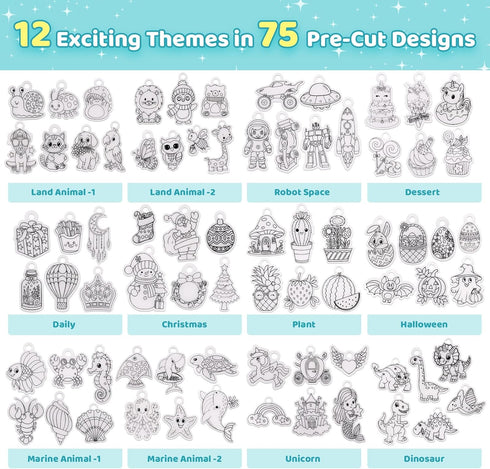 75 12 Funtopia Shrinking Art Sheets Kits for Kids, Pre-Cut Shrink Paper Craft Keychain Making Kit, Themes DIY Shrink