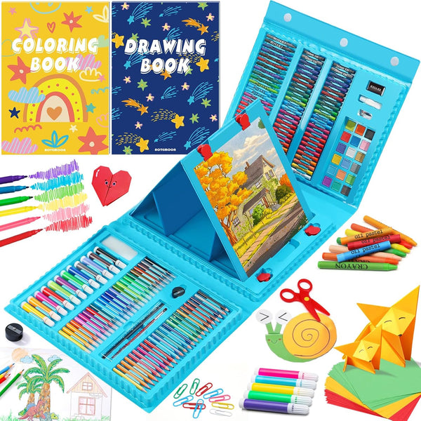 All in One Art Supplies Set with Trifold Easel, Drawing Kit, Coloring Book, Paper, Cutting, Origami Kit, Blue