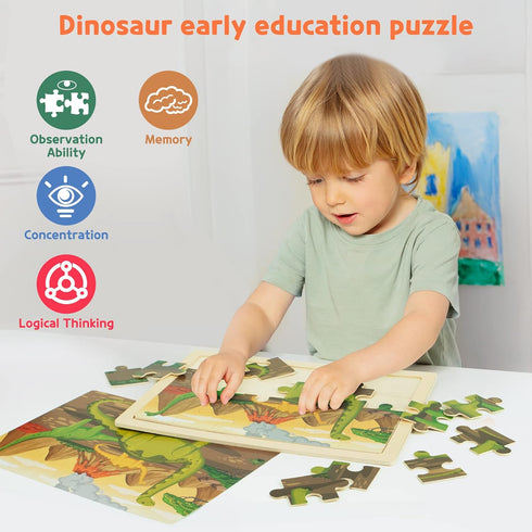 SYNARRY Large Dinosaur Wooden Puzzles for Kids, 4 in 1 Gift Box, Jigsaw Puzzles for Toddlers Ages 2-6