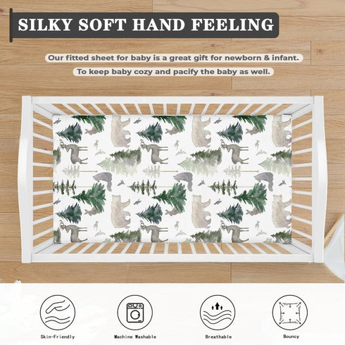 JEPFEIXIA 28"x52" Woodland Forest Animals Fitted Crib Sheet for Boys Girls Watercolor Pine Tree Baby Sheet for Standard