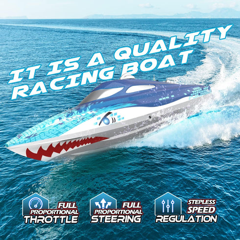 20+ 2.4GHz DEERC High-Speed RC Boat for Kids & Adults, MPH Full Proportional Remote Control Shark Boat with LED Lights